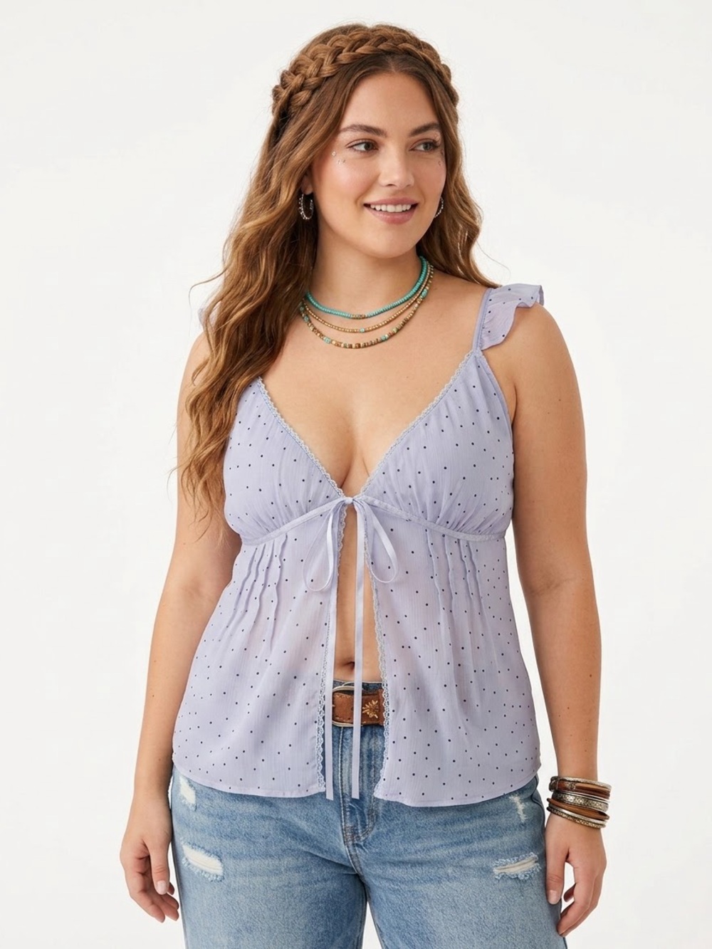 NEW Kirious Los Angeles Light Blue Tie-Front Polka Dot Tank Top
